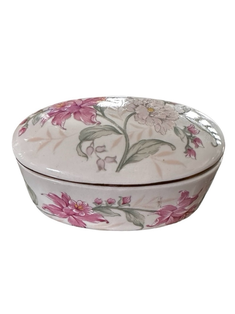 Vintage Prima Otagiri Porcelain Trinket Box Oval Floral Pink Rose Japan Jewelry